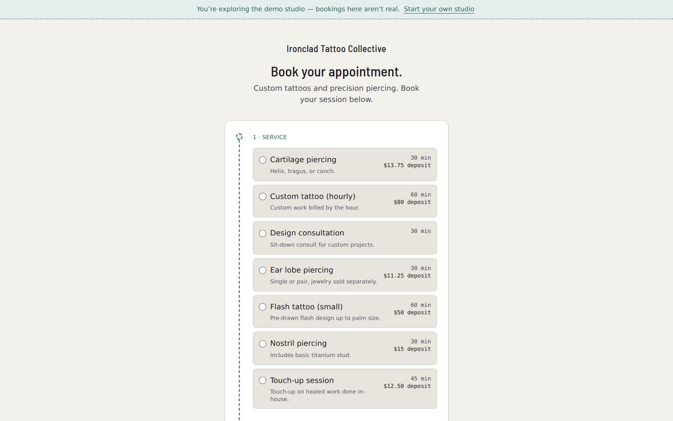 A studio's public booking page listing services with their deposit amounts.